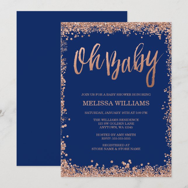 Invitation Oh Baby Navy Faux Rose Gold Parties scintillant Ba (Devant / Derrière)