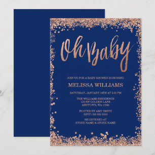 Invitation Oh Baby Navy Faux Rose Gold Parties scintillant Ba
