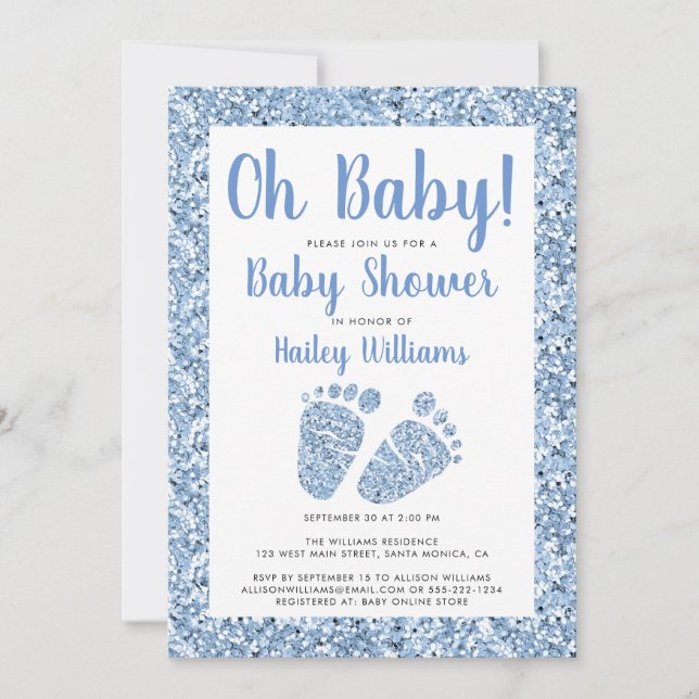 Invitation Oh Baby Parties scintillant Bleu Baby shower pieds (Devant)