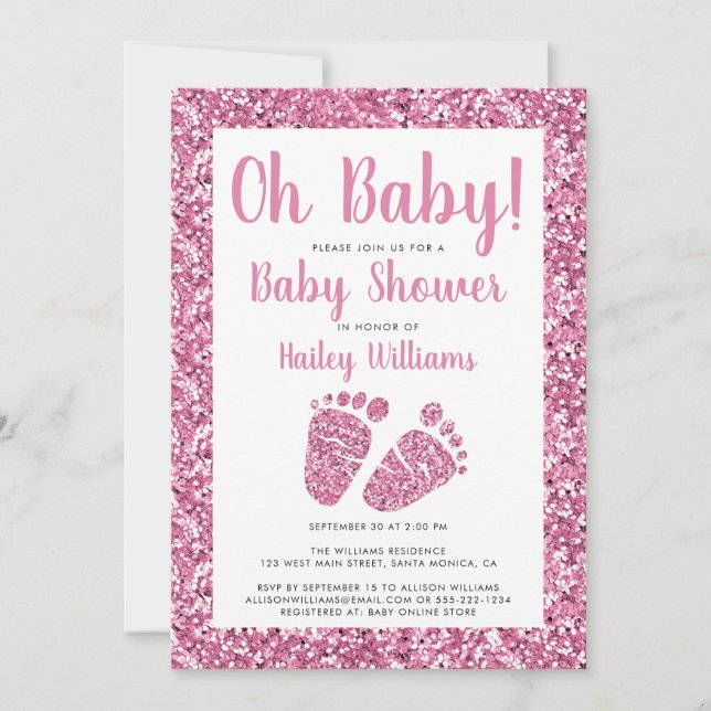 Invitation Oh Baby Parties scintillant rose Baby shower pieds (Devant)