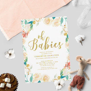 Invitation Oh Baby Peach Floral Parties scintillant Jumeaux B