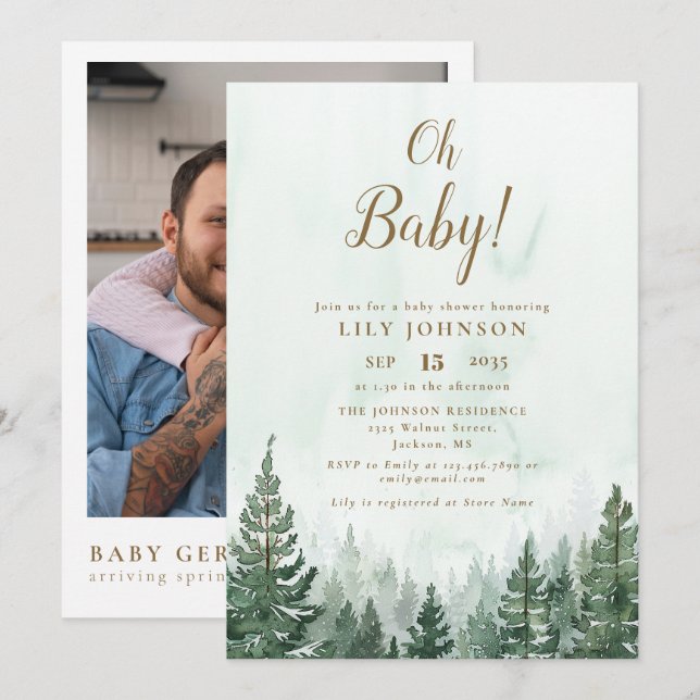 Invitation Oh Baby Pine Tree Forest Baby shower Photo QR Code (Devant / Derrière)