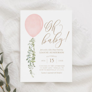 Invitation Oh Baby Pink Balloon Eucalyptus Baby shower Invita