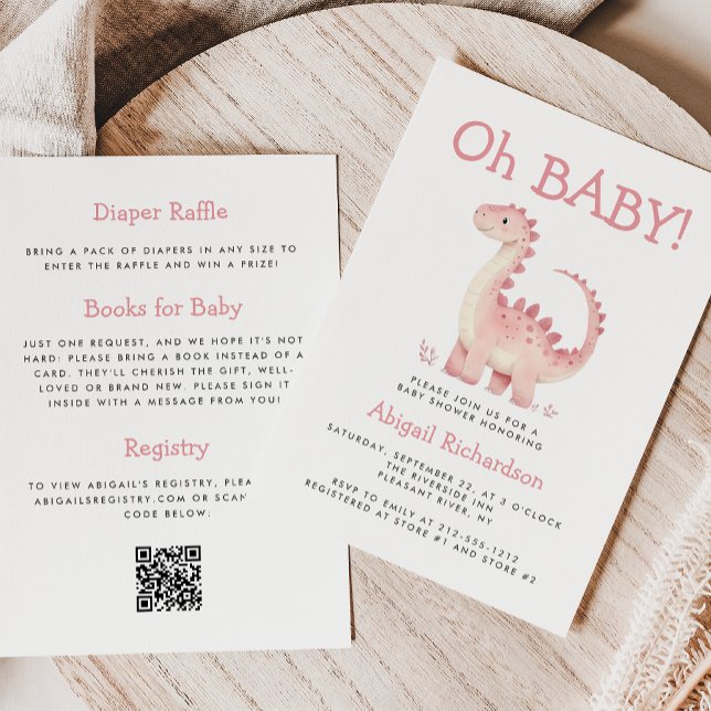 Invitation Oh Baby Pink Dinosaur QR Code filles Baby shower (Créateur téléchargé)