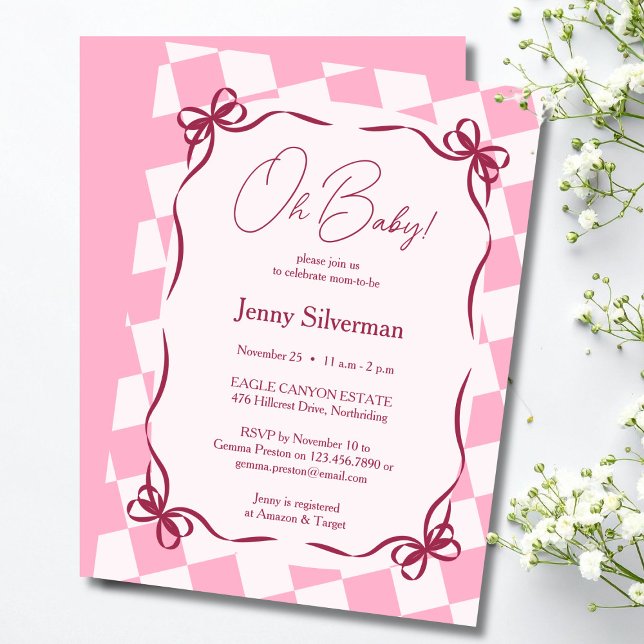 Invitation Oh Baby Pink Gingham Bows Baby Shower (Oh Baby Pink Gingham Bows Baby Shower Invitation)