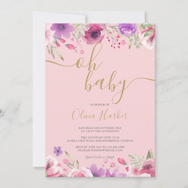 Invitation Oh Baby Pink Meadow Flowers Baby shower / Saupoudr (Devant)