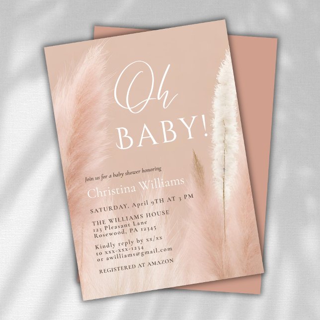 Invitation Oh Baby Pink Script Baby shower Pampas (Créateur téléchargé)
