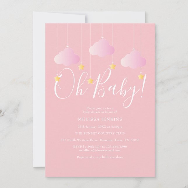 Invitation Oh Baby Pink Twinkle Baby shower/Sprinkle (Devant)