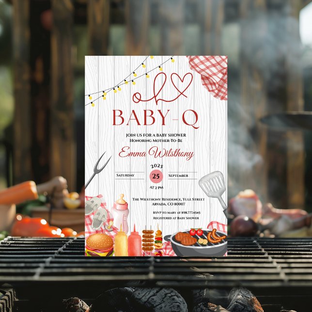 Invitation Oh Baby-Q Baby shower Girl Rustic BBQ (bottle pacifier red gingham check bbq baby shower invitations backyard plaid barbecue country out )