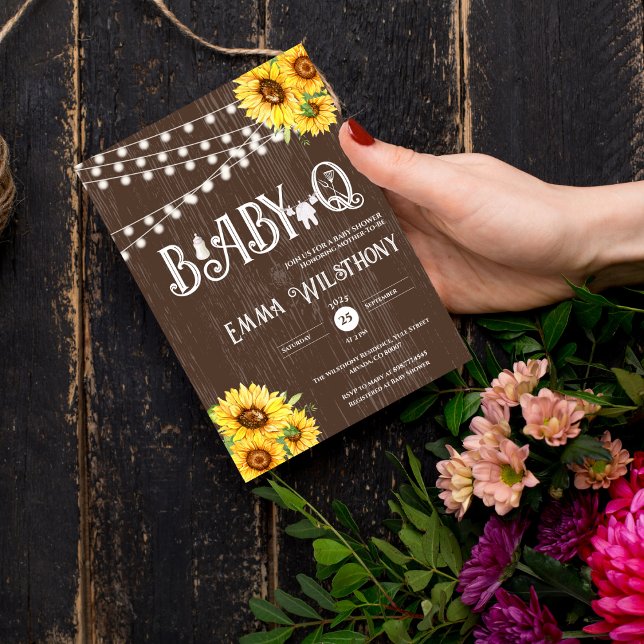 Invitation Oh Baby-Q Baby Shower Rustic Sunflower BBQ (unisex backyard couples baby shower Baby-Q western Rustic Sunflower BBQ boho wooden CELEBRATE MOTHER)