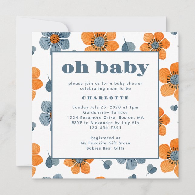 Invitation Oh Baby Retro Floral Orange Baby shower bleu (Devant)
