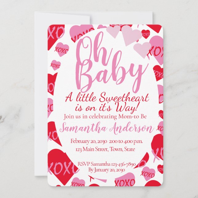 Invitation Oh Baby rose rouge amoureux Baby shower blanc (Devant)