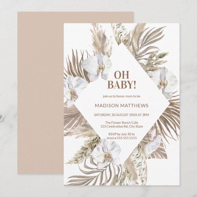 Invitation Oh Baby rose & Tan Boho Baby shower floral (Devant / Derrière)