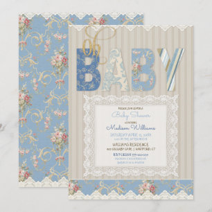 Invitation Oh Baby Rustic Wood dentelle bleu ivoire garçon