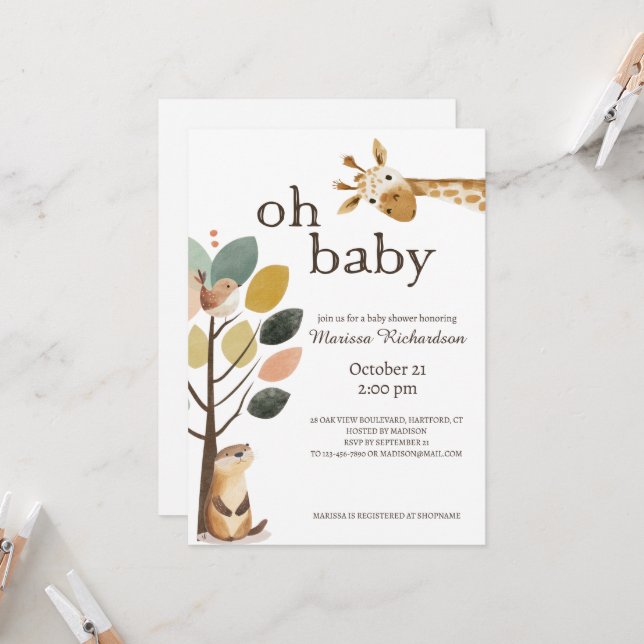 Invitation Oh Baby Safari Animaux Baby shower (Devant/Arrière en situation)