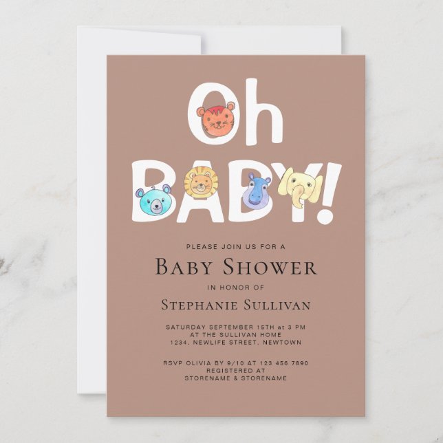 Invitation Oh Baby Safari Jungle Animaux Baby shower (Devant)