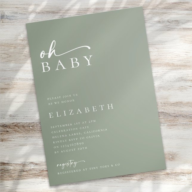 Invitation Oh Baby Sage Green Baby shower de script minimalis (Créateur téléchargé)
