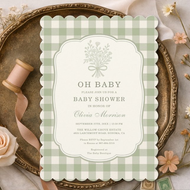 Invitation Oh Baby Sage Green Gingham Baby Shower (Créateur téléchargé)