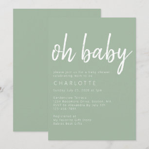 Invitation Oh Baby Sage Vert Sexe Baby shower neutre