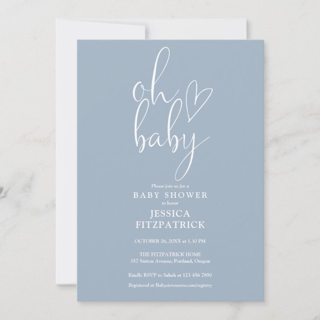 Invitation Oh Baby Script Dusty Blue Boy Baby shower (Devant)