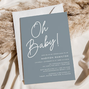 Invitation Oh Baby Script Dusty Blue Minimalist Baby shower