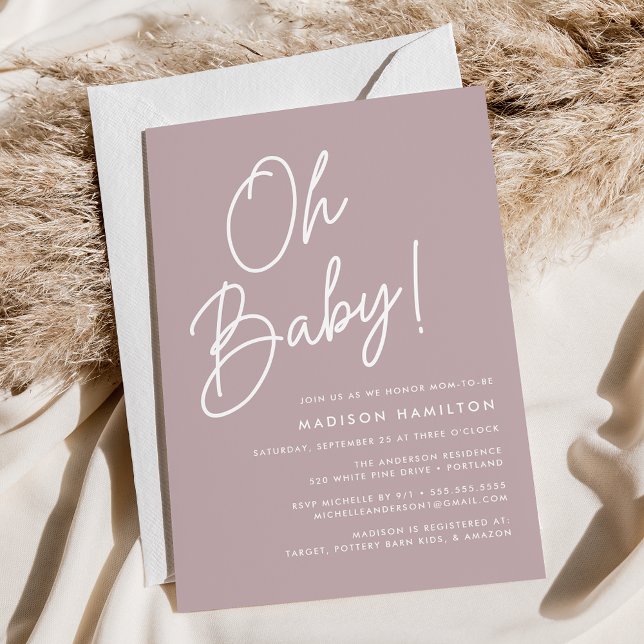 Invitation Oh Baby Script Dusty Purple Baby shower minimalist (Créateur téléchargé)