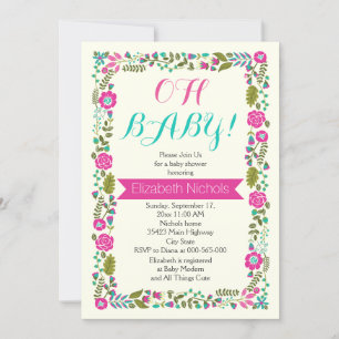 Invitation Oh Baby shower aqua, frontière florale moderne ros