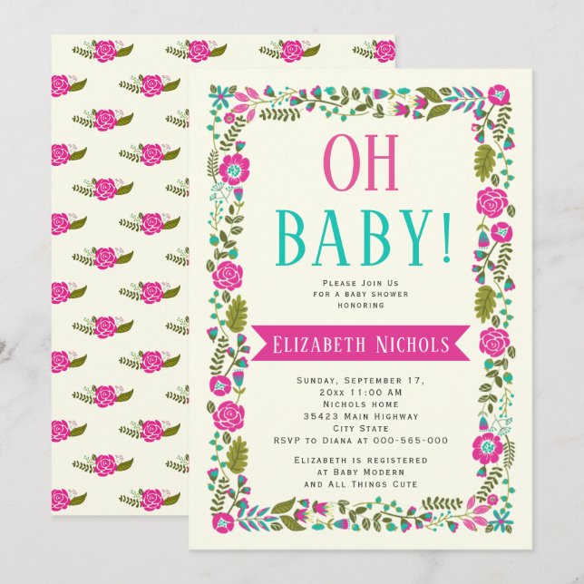 Invitation Oh Baby shower aqua, frontière florale moderne ros (Devant / Derrière)