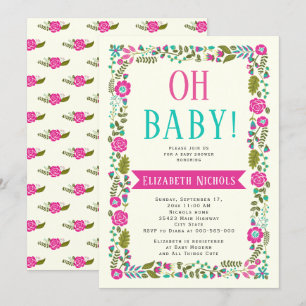 Invitation Oh Baby shower aqua, frontière florale moderne ros