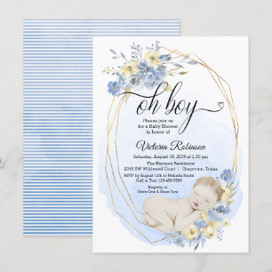 Invitation Oh baby shower bleu de garçon d'aquarelle d'or