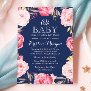 Invitation Oh Baby shower Botanique Floral Wreath Navy bleu