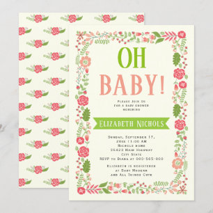 Invitation Oh Baby shower corail rose belle frontière florale