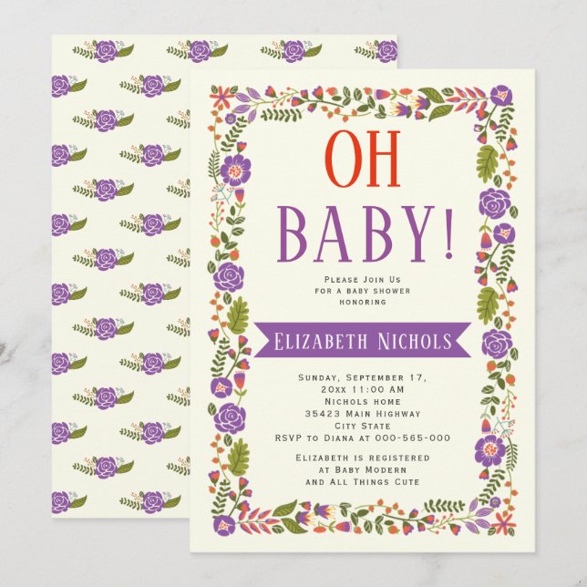 Invitation Oh Baby shower couleur violet et orange (Devant / Derrière)