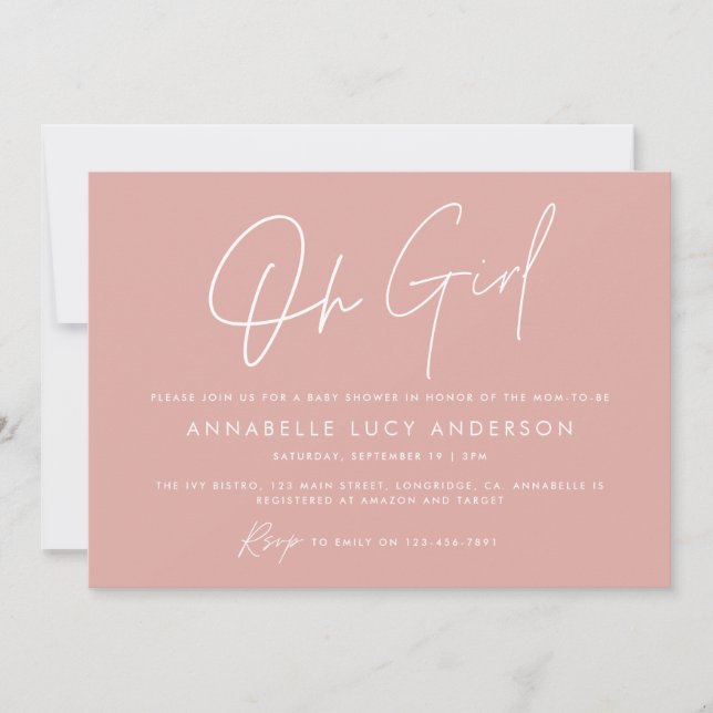 Invitation oh Baby shower fille script moderne rose boho (Devant)