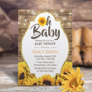 Invitation Oh Baby shower Fleurs de soleil rustiques et lumiè