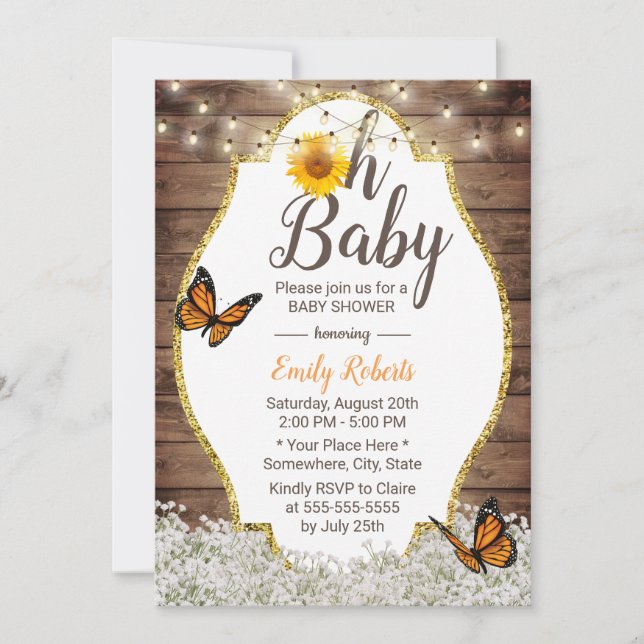 Invitation Oh Baby shower Fleurs de soleil rustiques papillon (Devant)
