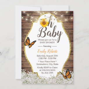 Invitation Oh Baby shower Fleurs de soleil rustiques papillon