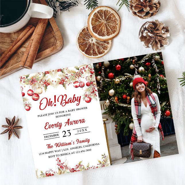 Invitation Oh! Baby shower floral de Noël bébé photo (Créateur téléchargé)