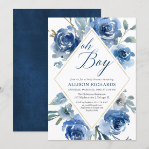 Invitation Oh baby shower floral élégant de garçon de bleu