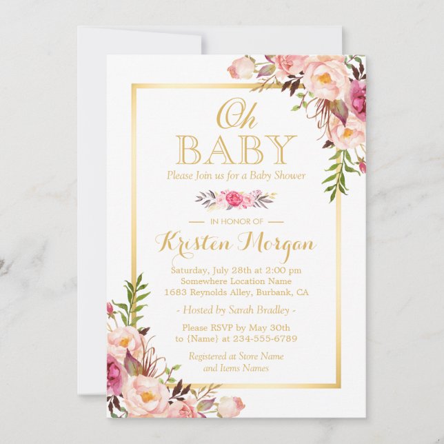 Invitation Oh Baby shower Graceful Chic Floral Gold Frame (Devant)
