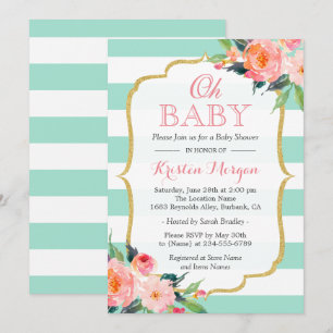 Invitation Oh Baby shower Mint Green Stripes rose Floral
