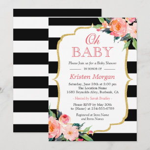 Invitation Oh Baby shower Moderne Floral Gold Frame Stripes