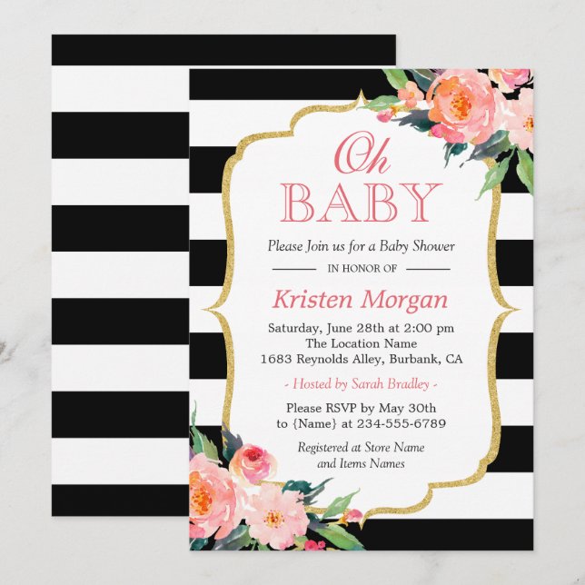 Invitation Oh Baby shower Moderne Floral Gold Frame Stripes (Devant / Derrière)