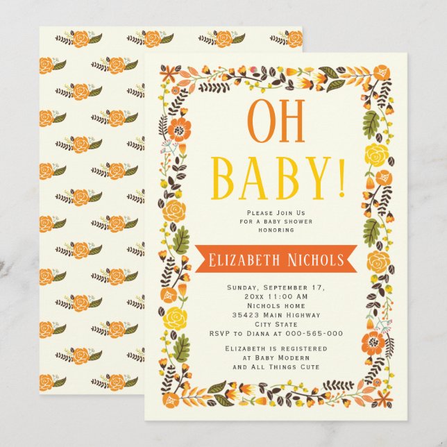 Invitation Oh Baby shower orange et jaune frontière florale (Devant / Derrière)