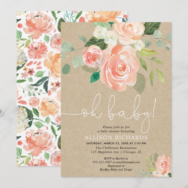 Invitation Oh baby shower papier d'emballage rustique de bébé (Devant / Derrière)