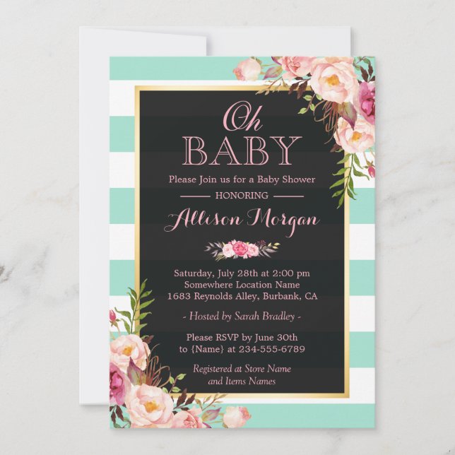 Invitation Oh Baby shower rose Fleur Monnaie Grandes vertes (Devant)