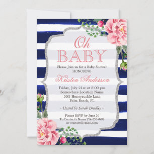 Invitation Oh Baby shower rose Floral Argent Marine Bleu Stri
