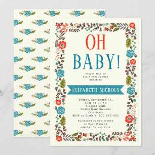 Invitation Oh Baby shower rouge et turquoise frontière floral