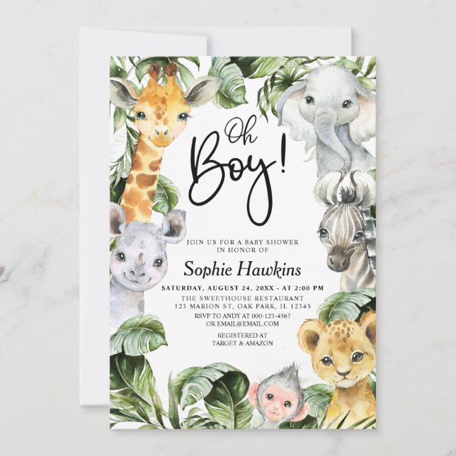 Invitation Oh Baby shower Safari de Boy Jungle (Devant)