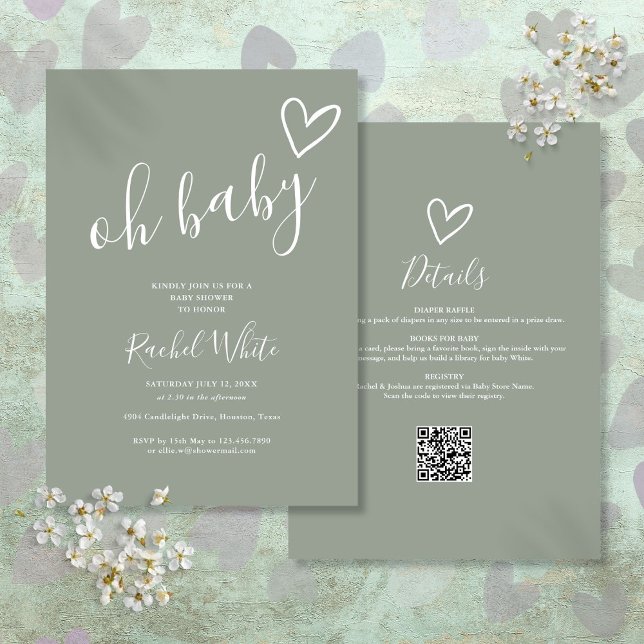 Invitation Oh Baby shower Tout en un seul Sage vert neutre (Oh Baby Shower All In One Neutral Sage Green Invitation)